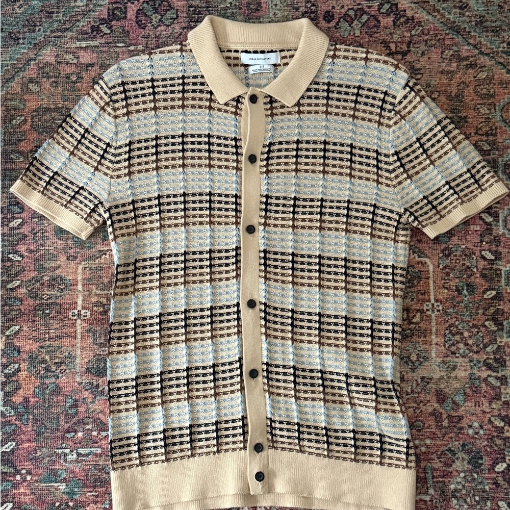 Urban Outfitters Beige, Black & Light Blue Knit Polo